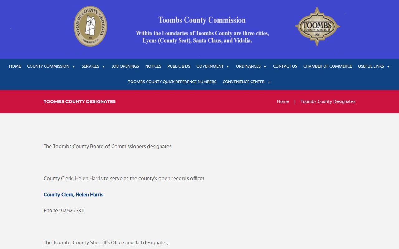 Official Toombs County open records designee page serving Santa Claus requests